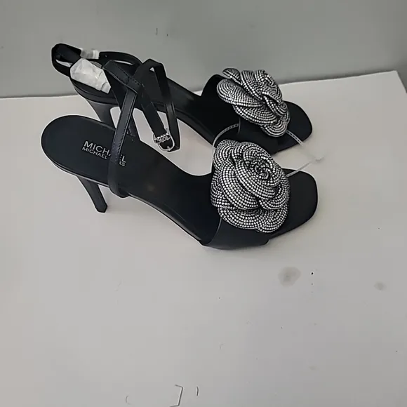 Michael Kors Elodie Leather Rhinestone Flower Dress Sandals