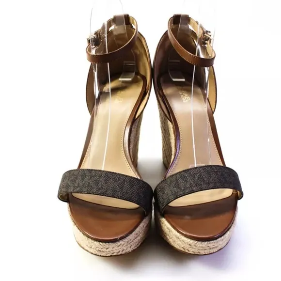 Michael Kors *Kimberly* logo luggage brown leather wedge espadrille sandals 9.5