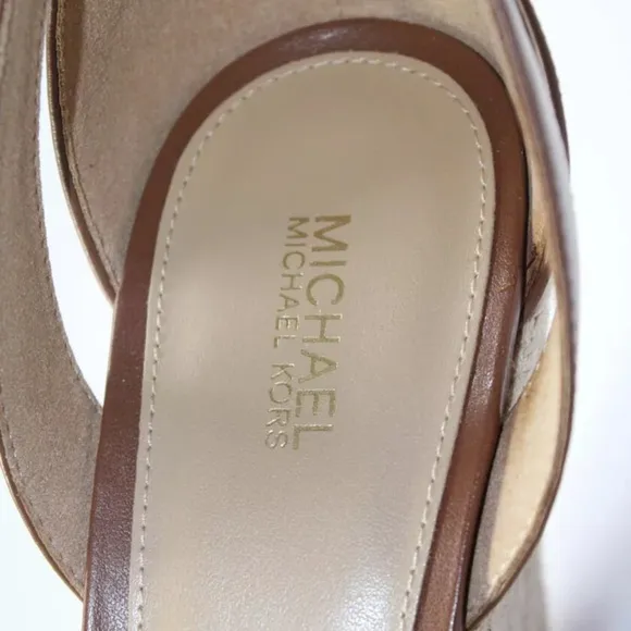 Michael Kors *Kimberly* logo luggage brown leather wedge espadrille sandals 9.5