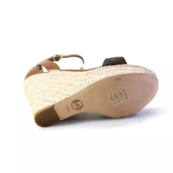 Michael Kors *Kimberly* logo luggage brown leather wedge espadrille sandals 9.5
