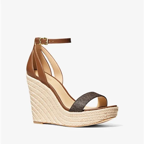Michael Kors *Kimberly* logo luggage brown leather wedge espadrille sandals 9.5