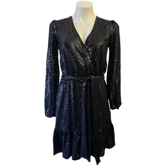 Michael Kors Mirror Dot Matte-Jersey Crossover Mini Dress long sleeve belted