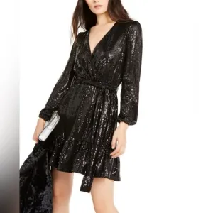 Michael Kors Mirror Dot Matte-Jersey Crossover Mini Dress long sleeve belted