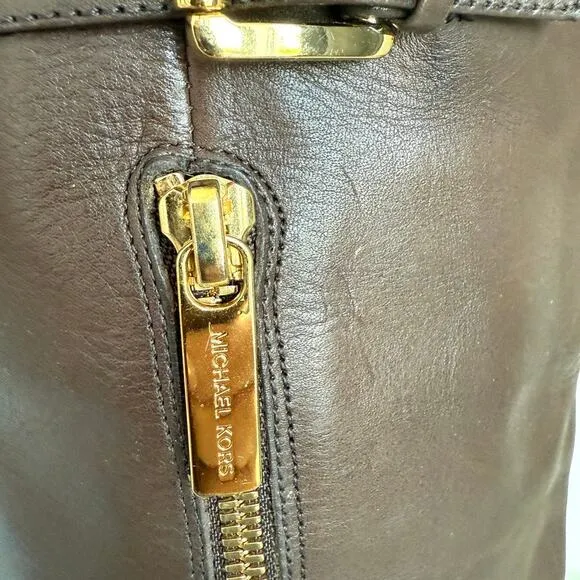 MICHAEL KORS Over the Knee Leather Boots Brown Gold Trim Size 38 Tall Heeled