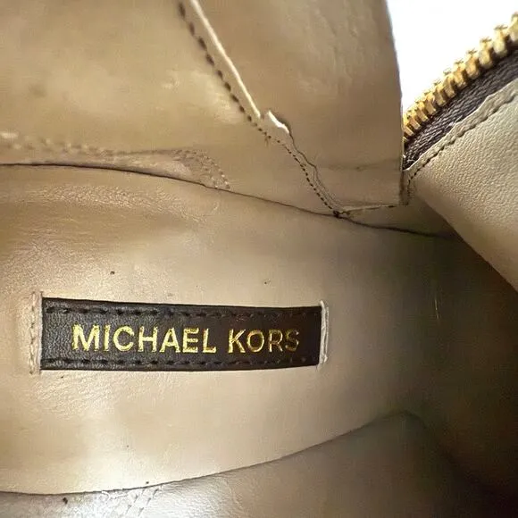 MICHAEL KORS Over the Knee Leather Boots Brown Gold Trim Size 38 Tall Heeled