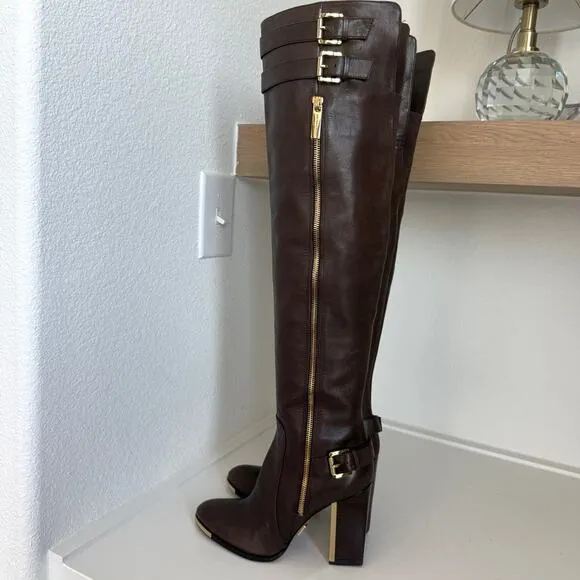 MICHAEL KORS Over the Knee Leather Boots Brown Gold Trim Size 38 Tall Heeled