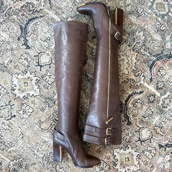 MICHAEL KORS Over the Knee Leather Boots Brown Gold Trim Size 38 Tall Heeled
