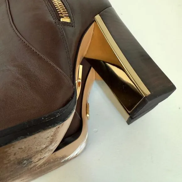 MICHAEL KORS Over the Knee Leather Boots Brown Gold Trim Size 38 Tall Heeled
