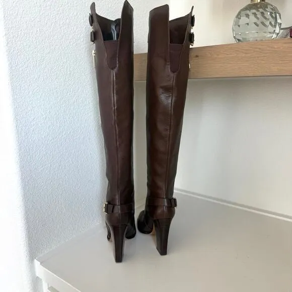 MICHAEL KORS Over the Knee Leather Boots Brown Gold Trim Size 38 Tall Heeled