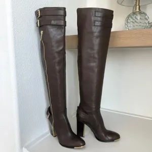 MICHAEL KORS Over the Knee Leather Boots Brown Gold Trim Size 38 Tall Heeled