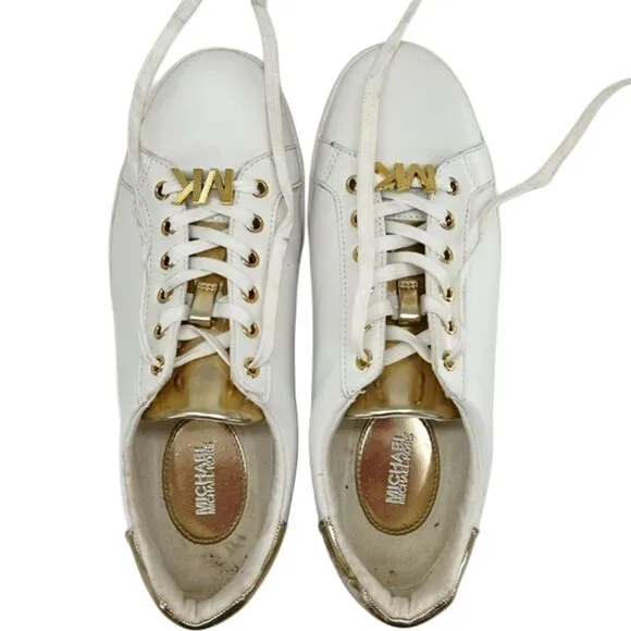 Michael Kors Poppy Metallic Gold Trim White Sneakers Size 8