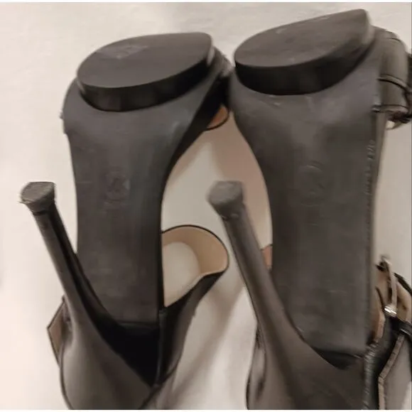 Michael Michael Kors 5&quot; Stilettos Sz 7.5 BLACK LEATHER Heels MODERN Buckles City
