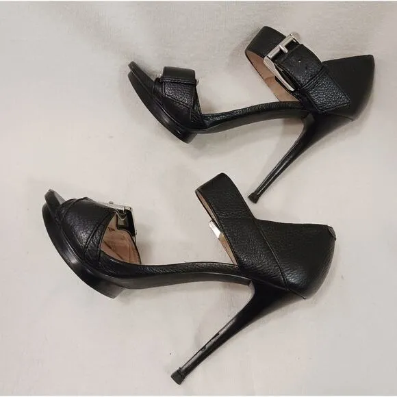 Michael Michael Kors 5&quot; Stilettos Sz 7.5 BLACK LEATHER Heels MODERN Buckles City