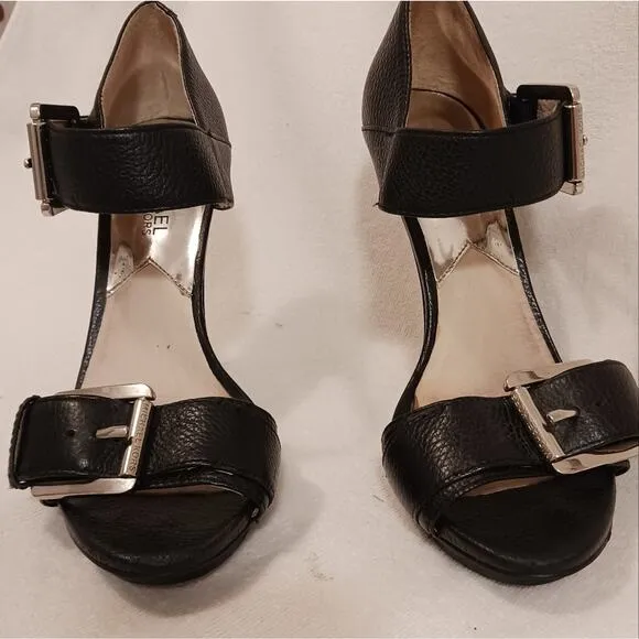 Michael Michael Kors 5&quot; Stilettos Sz 7.5 BLACK LEATHER Heels MODERN Buckles City