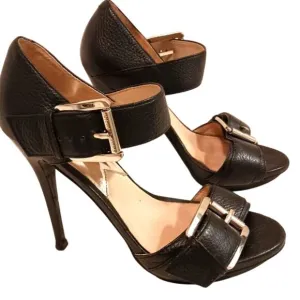 Michael Michael Kors 5&quot; Stilettos Sz 7.5 BLACK LEATHER Heels MODERN Buckles City