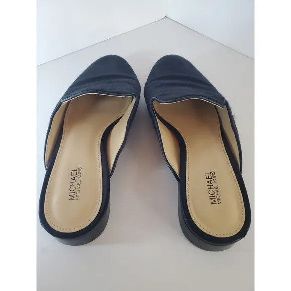 Michael MICHAEL KORS Natasha Black Calf-Hair Low Heel Flats Slides Mules Sz 7M
