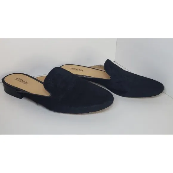 Michael MICHAEL KORS Natasha Black Calf-Hair Low Heel Flats Slides Mules Sz 7M
