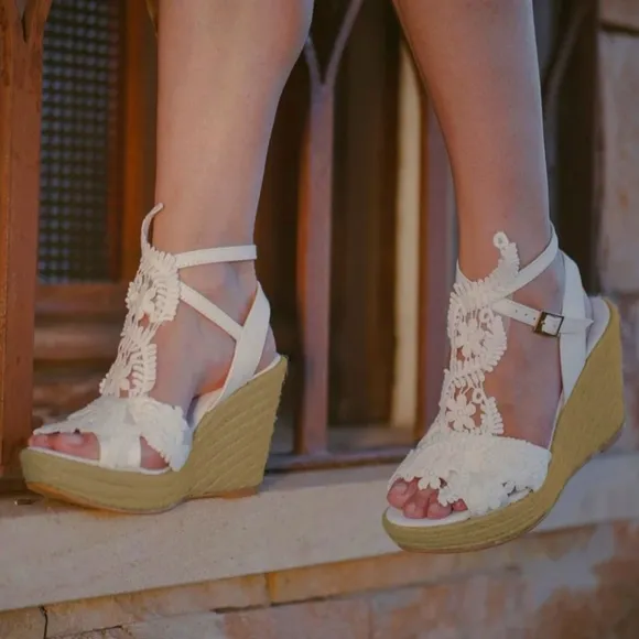 MiLanolce Women's Platform Sandals Wedge Open Toe Ankle Strap lace Wedding 8.5