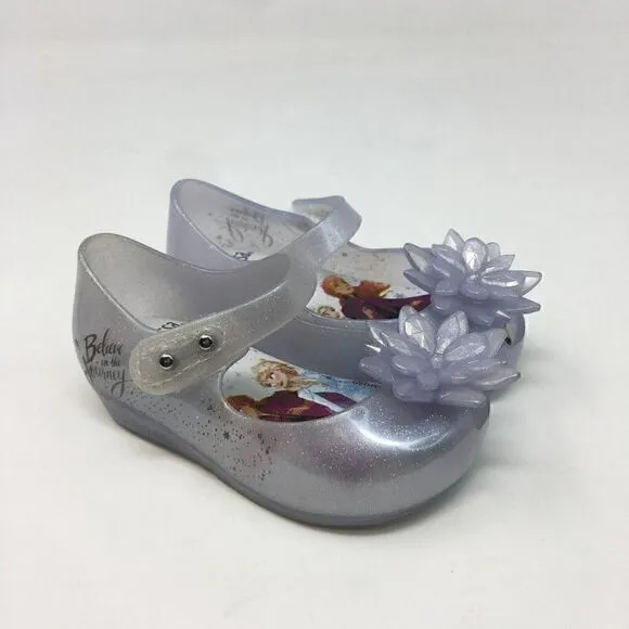Mini Melissa Girls Shoe Blue Size 5 Toddler Mary Jane Frozen Flower Glitter Flat