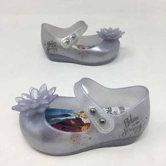 Mini Melissa Girls Shoe Blue Size 5 Toddler Mary Jane Frozen Flower Glitter Flat