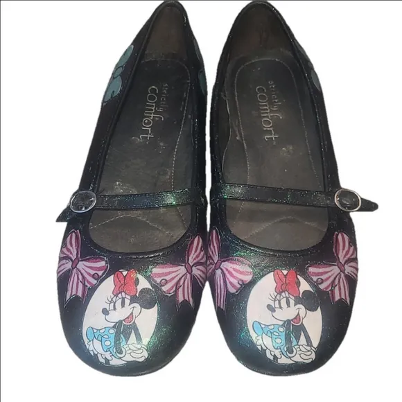 Minnie Mouse  Pink and Blue on Black Ballet Flats  Strap Upcycled Art To Wear