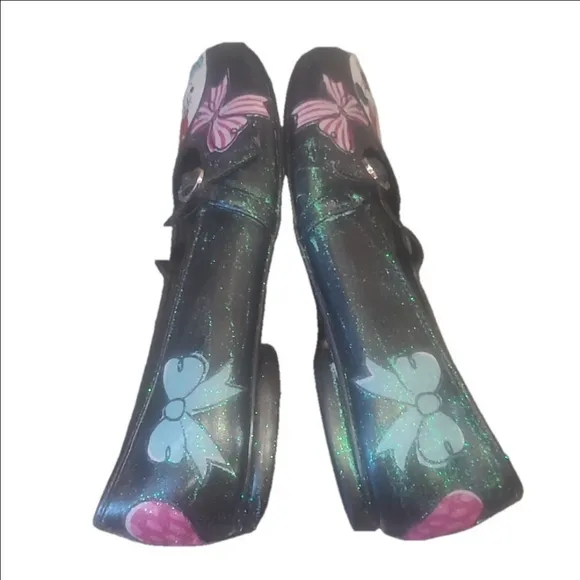Minnie Mouse  Pink and Blue on Black Ballet Flats  Strap Upcycled Art To Wear