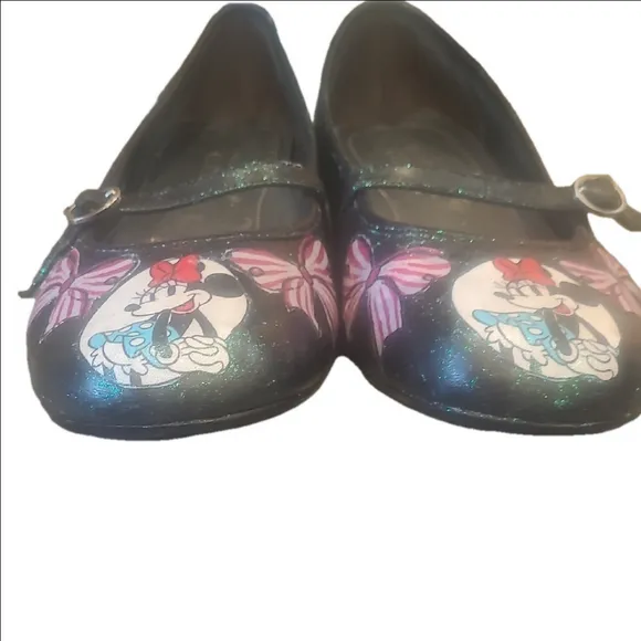 Minnie Mouse  Pink and Blue on Black Ballet Flats  Strap Upcycled Art To Wear