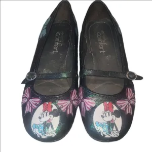 Minnie Mouse  Pink and Blue on Black Ballet Flats  Strap Upcycled Art To Wear