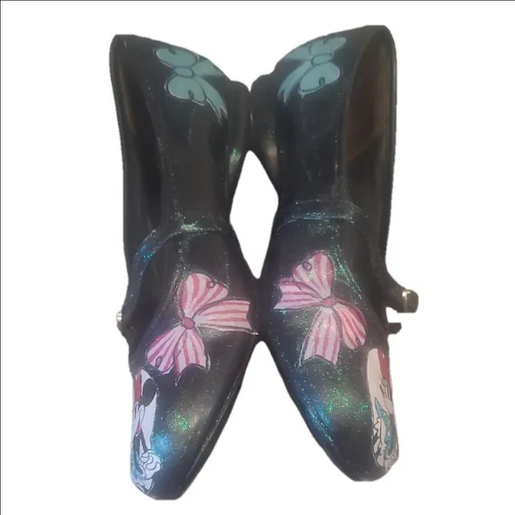 Minnie Mouse  Pink and Blue on Black Ballet Flats  Strap Upcycled Art To Wear