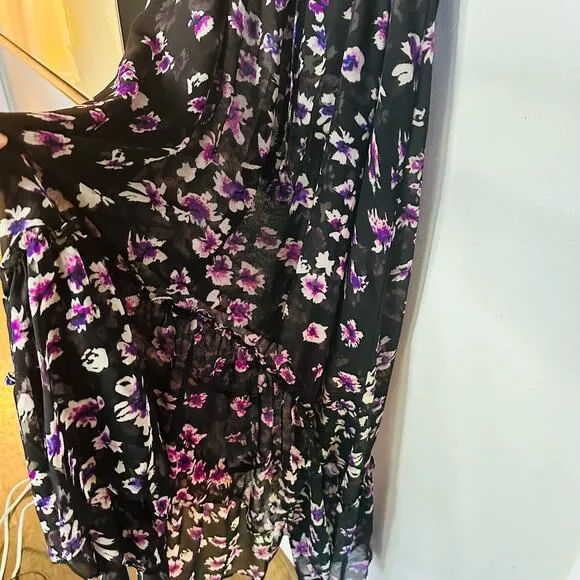MISA Women's Catherine Black Purple Floral Tie Waist Flowy Dress Size Large