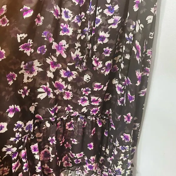 MISA Women's Catherine Black Purple Floral Tie Waist Flowy Dress Size Large