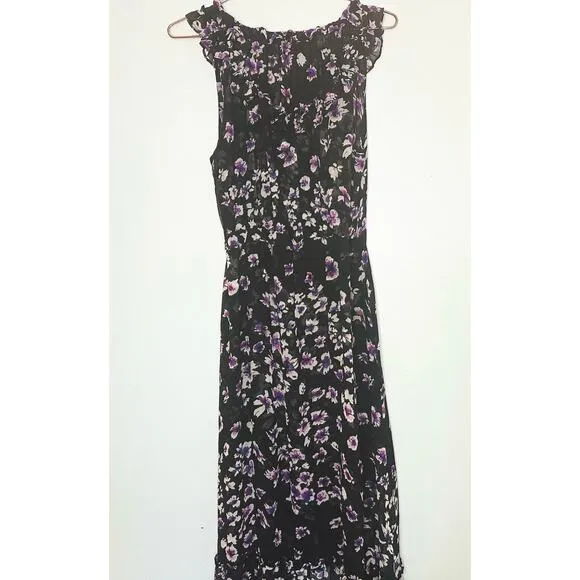 MISA Women's Catherine Black Purple Floral Tie Waist Flowy Dress Size Large