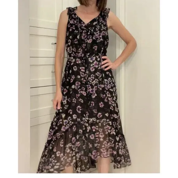MISA Women's Catherine Black Purple Floral Tie Waist Flowy Dress Size Large