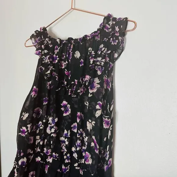 MISA Women's Catherine Black Purple Floral Tie Waist Flowy Dress Size Large