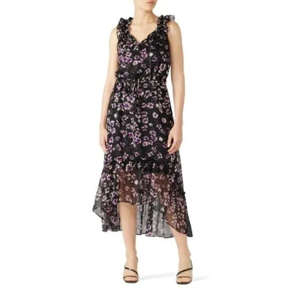 MISA Women's Catherine Black Purple Floral Tie Waist Flowy Dress Size Large