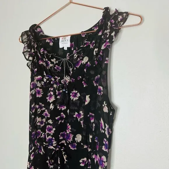 MISA Women's Catherine Black Purple Floral Tie Waist Flowy Dress Size Large