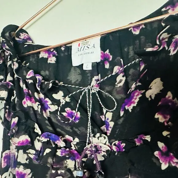 MISA Women's Catherine Black Purple Floral Tie Waist Flowy Dress Size Large
