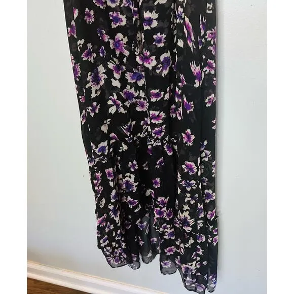 MISA Women's Catherine Black Purple Floral Tie Waist Flowy Dress Size Large