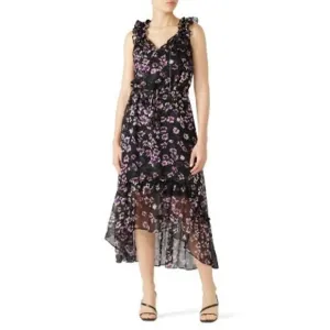 MISA Women's Catherine Black Purple Floral Tie Waist Flowy Dress Size Large