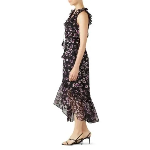 MISA Women's Catherine Black Purple Floral Tie Waist Flowy Dress Size Large