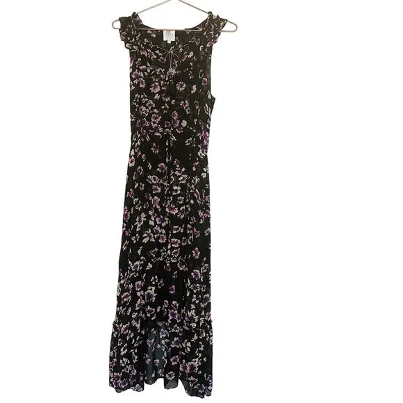 MISA Women's Catherine Black Purple Floral Tie Waist Flowy Dress Size Large