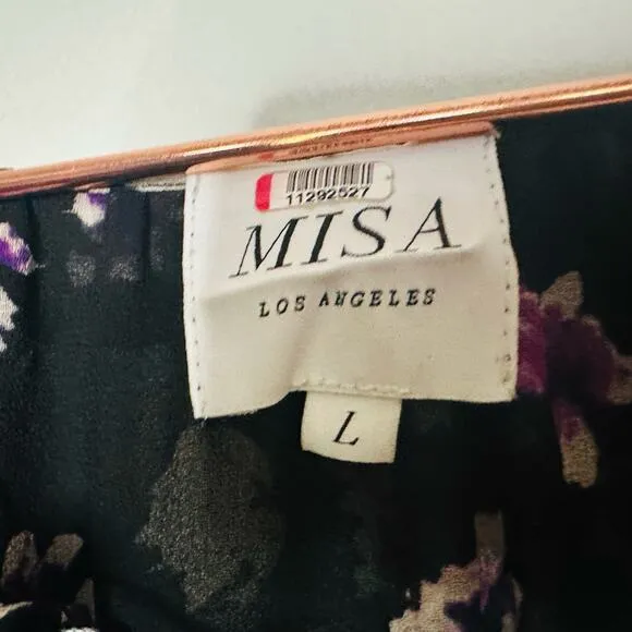 MISA Women's Catherine Black Purple Floral Tie Waist Flowy Dress Size Large