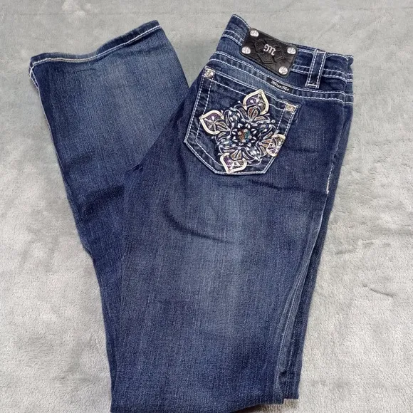 Miss Me Womens Boot Jeans Sz 30 Mid Rise Slim Boot Rhinestone Embellished Glam