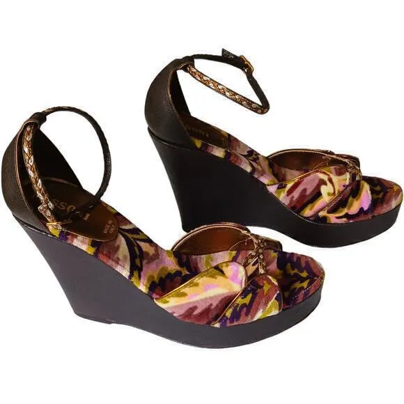 MISSONI Heels Sandals Size 5‎ or 35 High Wedge Ankle Straps Purple Green Gold