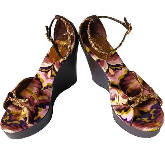 MISSONI Heels Sandals Size 5‎ or 35 High Wedge Ankle Straps Purple Green Gold