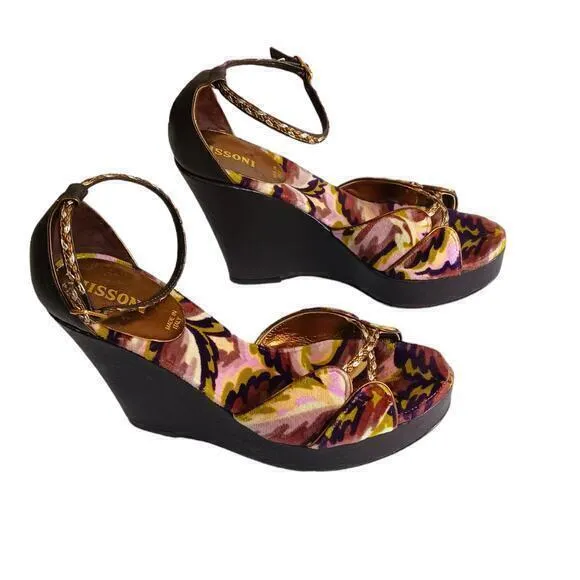 MISSONI Heels Sandals Size 5‎ or 35 High Wedge Ankle Straps Purple Green Gold
