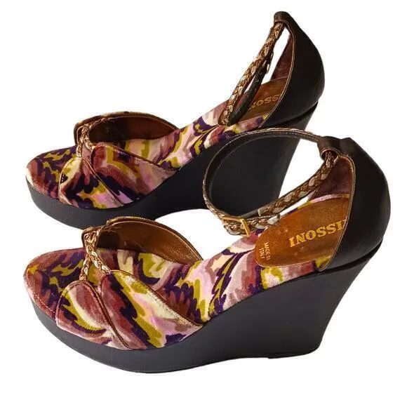 MISSONI Heels Sandals Size 5‎ or 35 High Wedge Ankle Straps Purple Green Gold