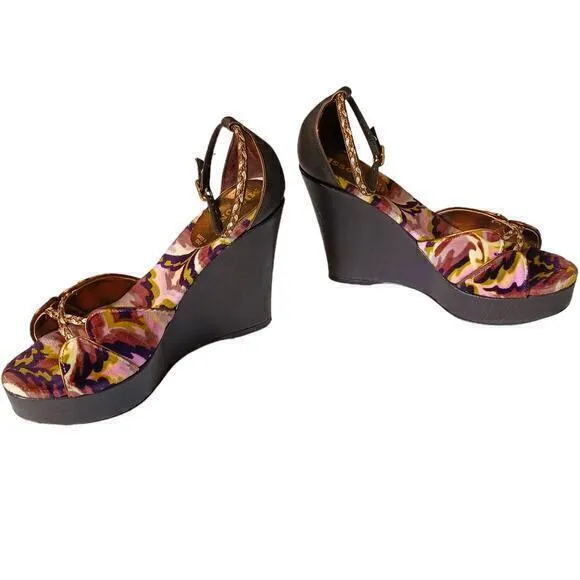 MISSONI Heels Sandals Size 5‎ or 35 High Wedge Ankle Straps Purple Green Gold