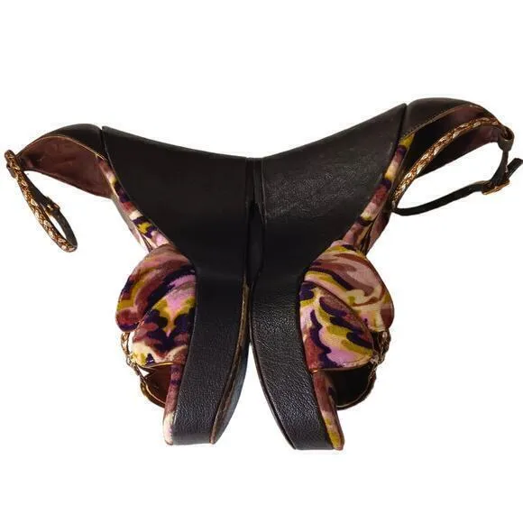 MISSONI Heels Sandals Size 5‎ or 35 High Wedge Ankle Straps Purple Green Gold