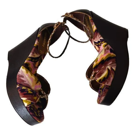MISSONI Heels Sandals Size 5‎ or 35 High Wedge Ankle Straps Purple Green Gold
